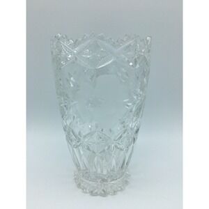American Brilliant Cut Glass Vase Etched Rose Flowers Diamond Points 7" Clear